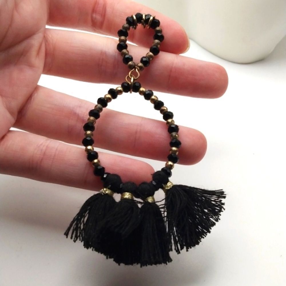 Double‎ hoop onyx beaded tassel necklace pendant